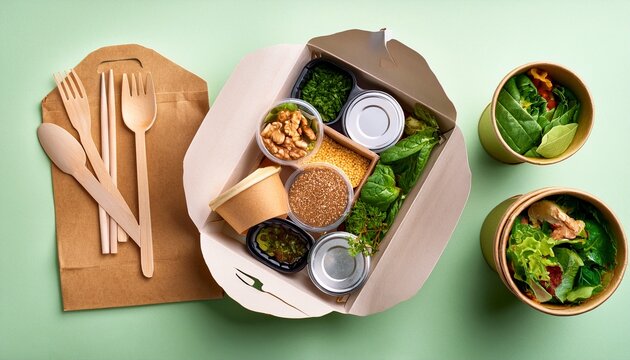 sustainable takeaway meal with recycled packaging and wooden cutlery overhead