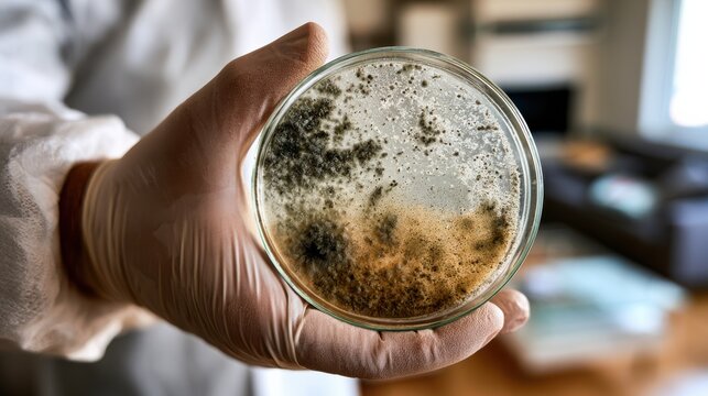 Close-up of a gloved hand holding a petri dish with mold in a living room, emphasizing environmental inspection and indoor air quality.