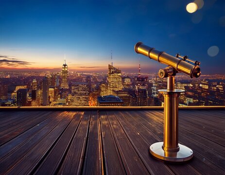 vintage telescope on balcony overlooks sprawling city lights at dusk