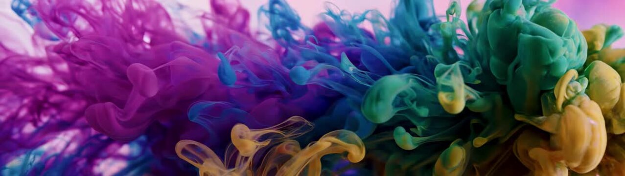Colorful ink creating a vibrant cloud shape These pigment plumes expanding with a soft purple and pink background.