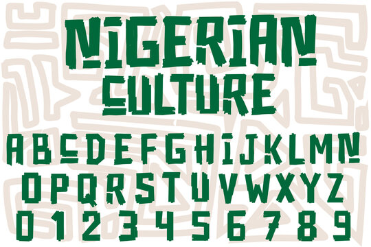 African Tribal Style Display Alphabet and Numbers Vector Set with Brush Edge Texture on Maze Pattern Background