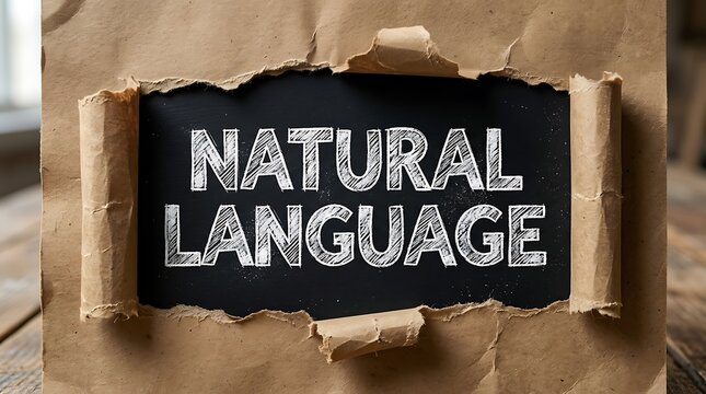Natural language concept written on a chalkboard with a torn paper background