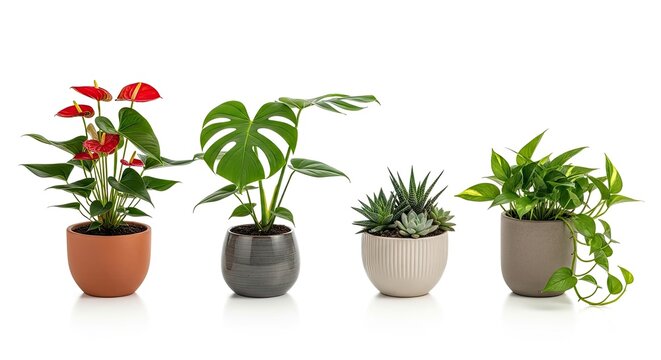 Four potted plants are arranged on a white surface. A vibrant red anthurium plant sits to the left, followed by a glossy monstera deliciosa plant.