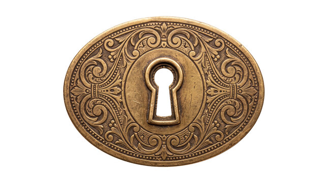 Vintage brass keyhole escutcheon plate, antique ornate bronze door hardware, decorative victorian key hole lock element for interior design hardware isolated PNG with Transparent Background