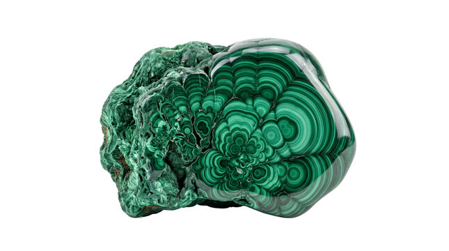 Polished malachite gemstone mineral, green natural crystal stone, banded malachite mineral specimen for jewelry and geology studies isolated PNG with Transparent Background