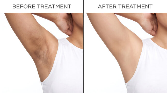 Before and after skin treatment results on underarm area showing significant improvement