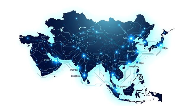 Digital Asia Map with Glowing Technology Network and Connected Major Cities