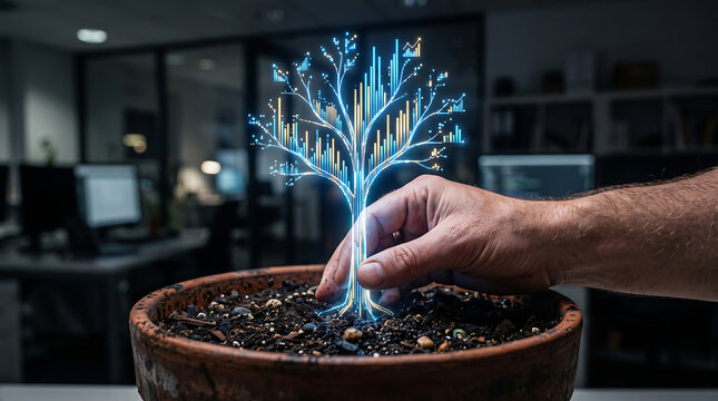 Hand touching futuristic digital tree growing from pot with stock market charts