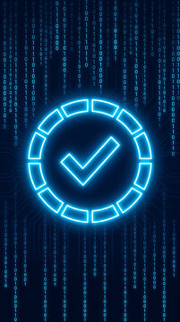Modern digital checkmark symbol glowing inside binary code matrix background design