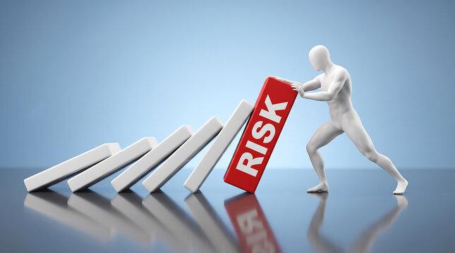 Person pushing red risk block into falling dominoes sequence illustration