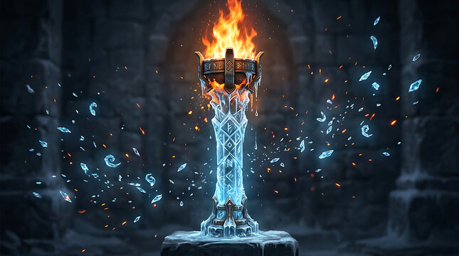Ancient magic ice torch burning with orange flame in dark dungeon