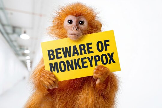 Small orange monkey holding a warning sign about monkeypox virus