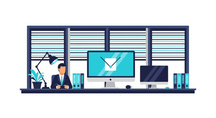 Obraz premium Businessman Working at Modern Office Workstation Flat Vector Illustration