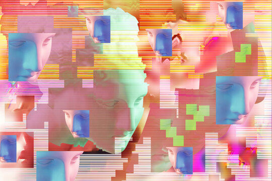 Digital glitch collage with antique Venus bust, symbolizing digital decay, data corruption, loss of information, pixel artifacts, memory degradation, and system error.