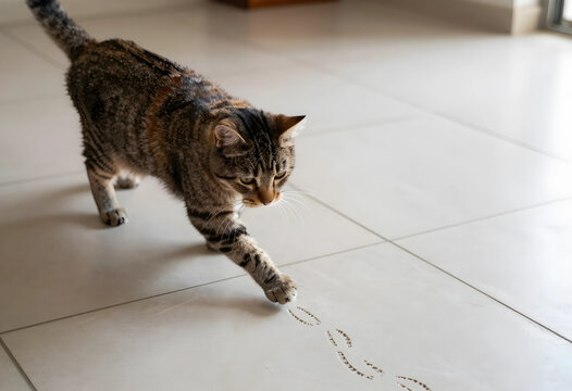 Pet care and animal behavior, tabby cat exploring and touching paw prints on a tiled floor in a home interior, curiosity and domestic life