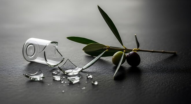 Broken glass vial beside fresh olive branch with dark moody lighting and dramatic shadows on textured stone background
