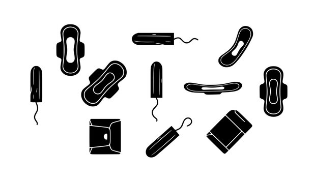 Minimal menstrual hygiene sanitary pad and cotton tampon symbols monochrome vector illustration