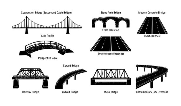 Modern and traditional bridge structures architectural monochrome vector illustration set