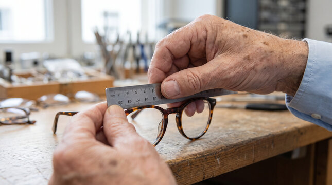 Ophthalmology: Man Measuring Frames in Optical Workshop