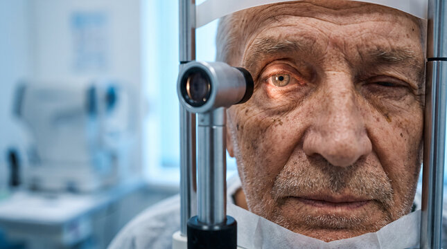 Ophthalmology: Elderly Man Vision Testing in Clinic