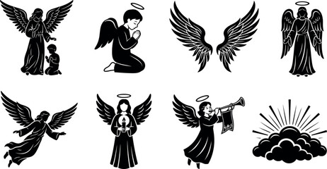 Fototapeta premium Set of black and white angel silhouettes featuring various poses including praying figures, wings, celestial beings, a trumpet player, and divine clouds for religious and spiritual design projects