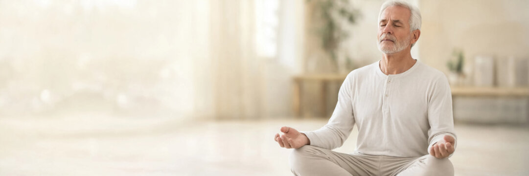 Senior man sits cross-legged with closed eyes and raised hands while meditating in a bright, peaceful home interior. Wellness and relaxation concept.
