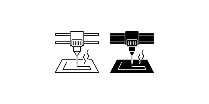 Laser engraving and cutting machine icon set with thin line and solid design for industrial manufacturing and fabrication.