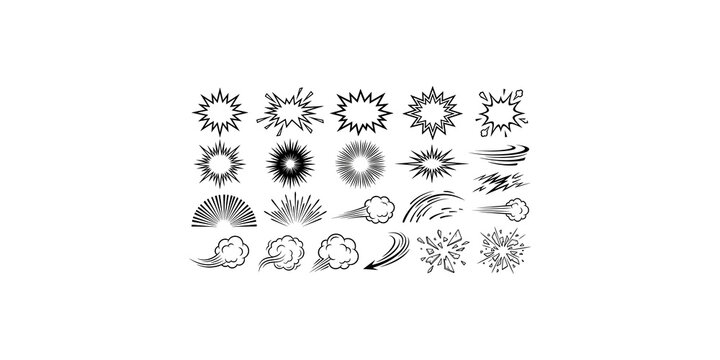 Collection of black and white comic explosion and motion effect graphic elements for dynamic illustrations.