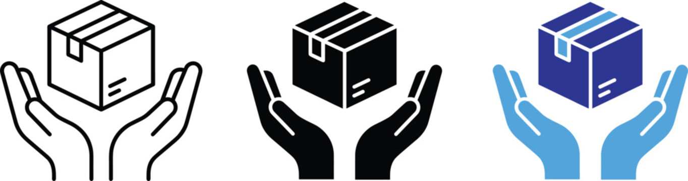 Hands holding cardboard box package safe delivery flat design vector icons illustration set