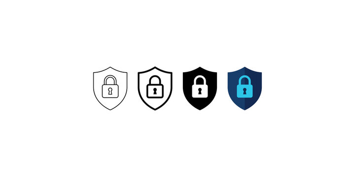 Set of four security shield icons with padlock symbols for cyber safety and network protection concepts.