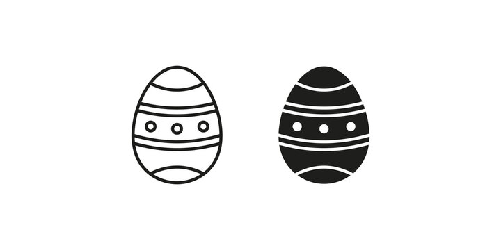 Easter egg icon with striped patterns and circular ornaments in minimalist line art and solid black design styles for holiday decoration.