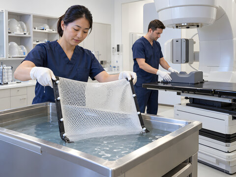 Asian radiotherapy technician preparing a thermoplastic immobilization mask for head and neck cancer treatment planning