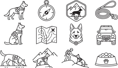 Fototapeta premium Search and rescue dog icon set with mountain equipment