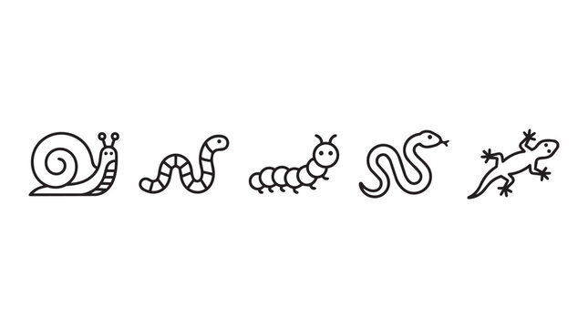 Minimalist crawling animal line icon set, cute snail worm caterpillar snake lizard outline vector, simple reptile and insect graphics for kids print