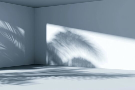 Palm leaf shadow overlay on minimal room wall and floor background