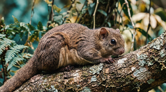 wild flying squirrel resting on mossy tree branch in forest close up