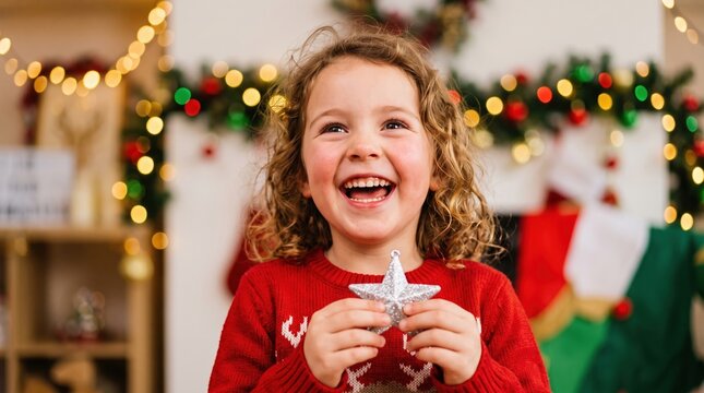 Joyful children celebrate the magic of a festive Christmas party. She claps her hands excitedly with an expressive look of absolute joy.