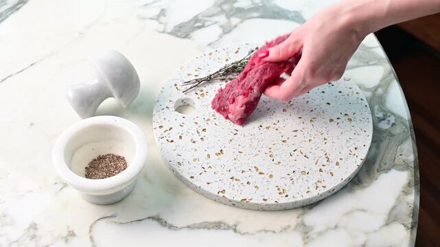 Hands placing raw beef steaks on a speckled round plate with herbs and seasoning on a marble patterned table before cooking a meal.