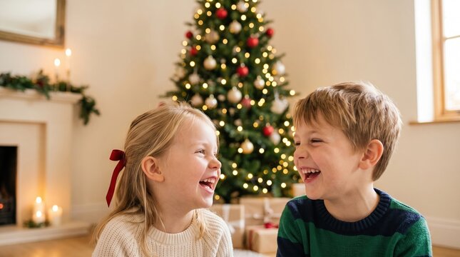 Joyful children celebrate the magic of a festive Christmas party. A boy and girl share a heartwarming moment of completely shared laughter.