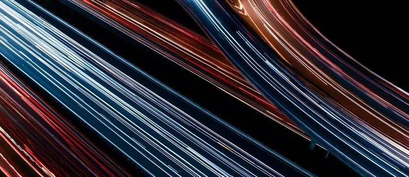 Night Long-Exposure Shot of Complex Multi-Level Highway Interchange with Streaming Traffic Light Trails in Urban Transit Concept