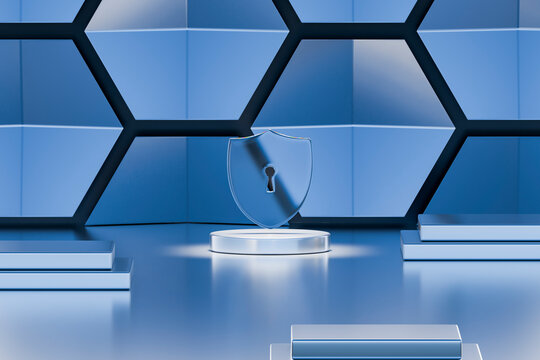 3D cybersecurity shield with keyhole on futuristic blue technology platform