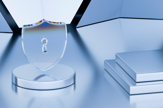 3D transparent security shield with keyhole in geometric digital environment