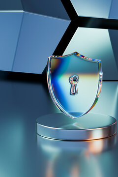 3D glass cybersecurity shield with keyhole on illuminated technology pedestal
