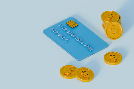 3D digital payment card with gold dollar coins for online banking concept