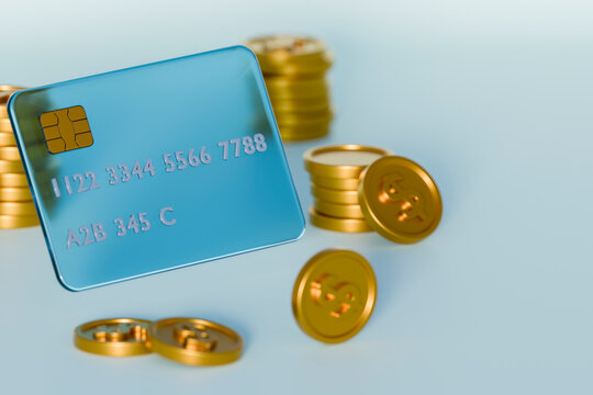 3D blue credit card with stacked gold coins representing digital finance and payment