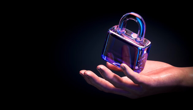 3D transparent padlock floating above hand for digital privacy and cybersecurity protection