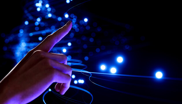 3D hand interacting with glowing data network for digital connection technology