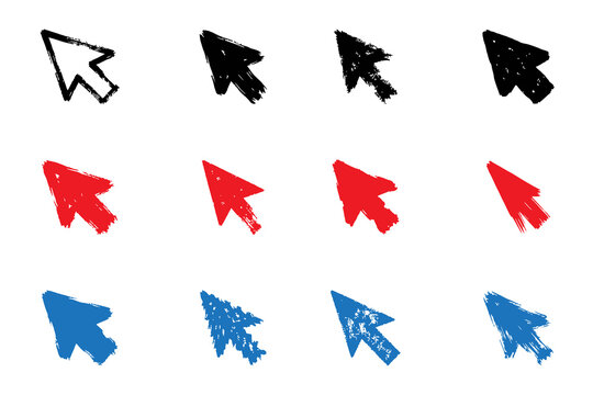 Hand-drawn computer mouse cursor arrow pointers, cursor, arrow, pointer, mouse, click, direction, collection in black red and blue isolated on a transparent background