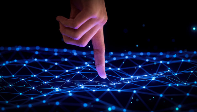 3D hand touching connected network grid for data communication and digital technology