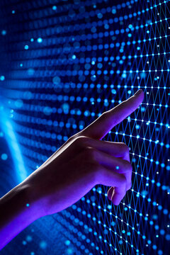 3D hand exploring glowing network mesh for artificial intelligence and data technology